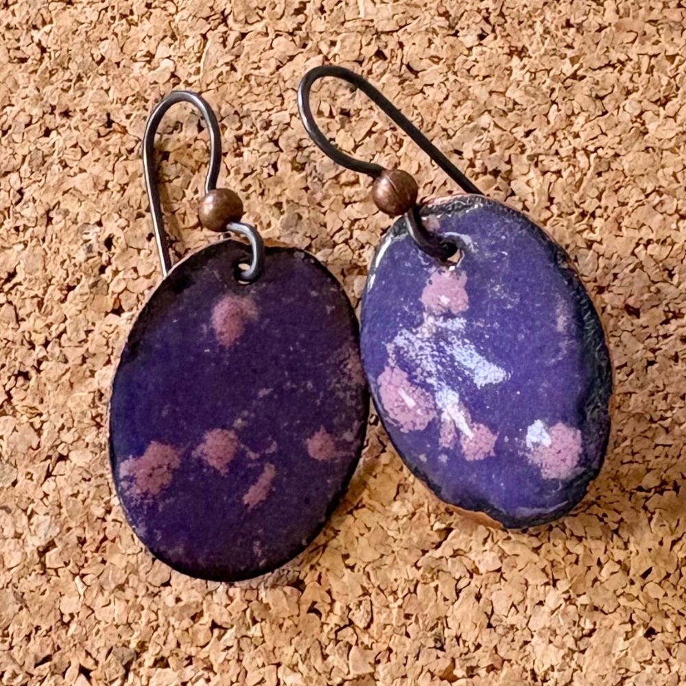 Handcrafted Enamel Disc Earrings in Purple and Pink, One-of-a-Kind